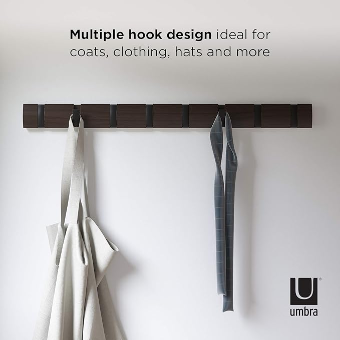Umbra Flip Wall-Mounted Coat Rack with 8 Hooks – Modern, Space-Saving Storage for Hats, Jackets, Bags, Entryway, Mudroom, Closet, Bathroom, Bedroom – Black/Walnut