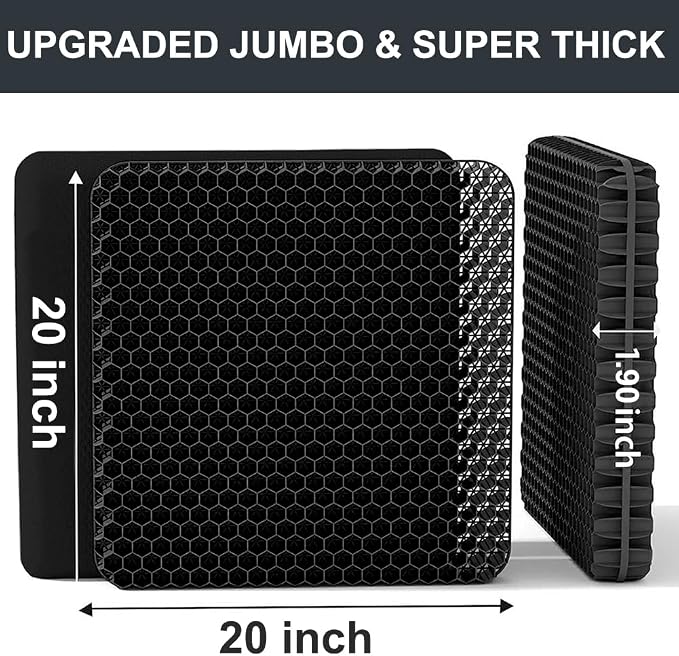 Gel Seat Cushion, Jumbo&Thick Gel Cushion Chair Pads with Non-Slip Cover for Home Office Car Seat Wheelchair, Soft Breathable Honeycomb Seat Pads for Relieve Hip Pain,Black 20x20x1.9inch