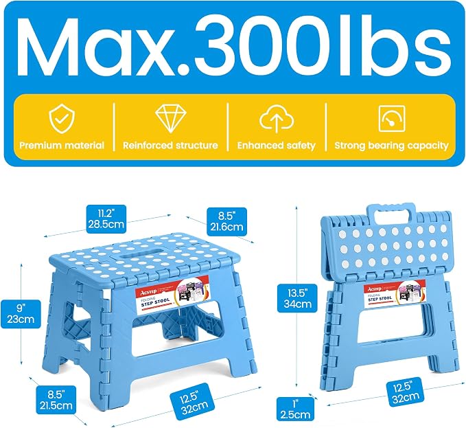 ACSTEP Folding Step Stool - Lightweight, Plastic Step Stool, 9 inch Foldable Step Stools, Non Slip Folding Stools for Kitchen Bathroom Bedroom (Blue)