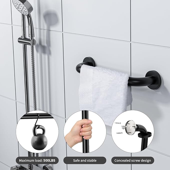 2 Pack 12 Inch Matte Black Shower Grab Bar,ZUEXT Stainless Steel Wall Mount Safety Grab Bar Handle,Bathroom Balance Bar, Safety Hand Rail Support - Handicap, Elderly, Injury, Senior Assist Bath Handle