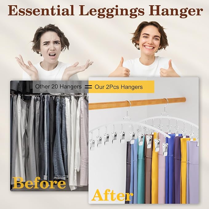2 Pack Legging Organizer for Closet 360° Swivel, Space Saving Metal Gym Clothes Hangers w/20 Clips Holds 20 Leggings, Closet Organizers and Storage, Room Organization Essentials, White