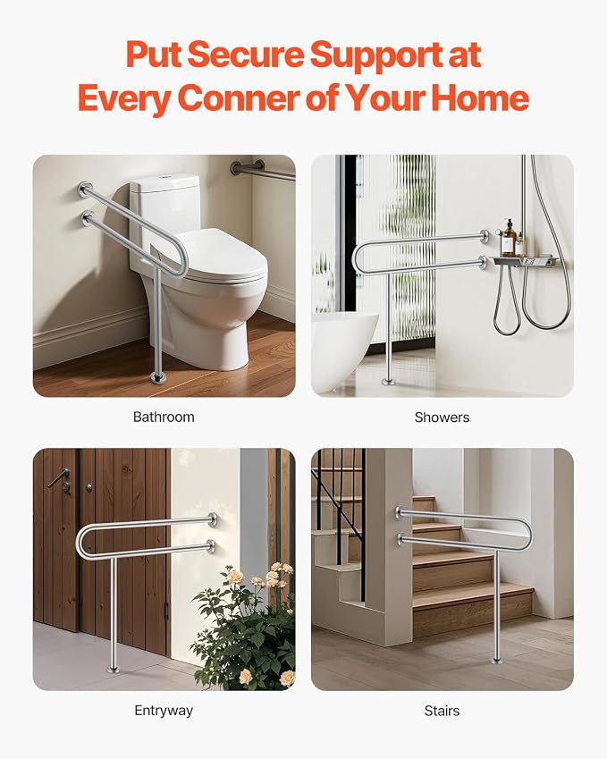 VEVOR Toilet Safety Rail, 31.5 Inch U-Shaped Handicap Grab Bar, 304 Stainless Steel Senior Safety Pole, Toilet Grab Bars with Anti-Slip Handle, 300 Lbs Load Capacity Security Handrail with Support Leg