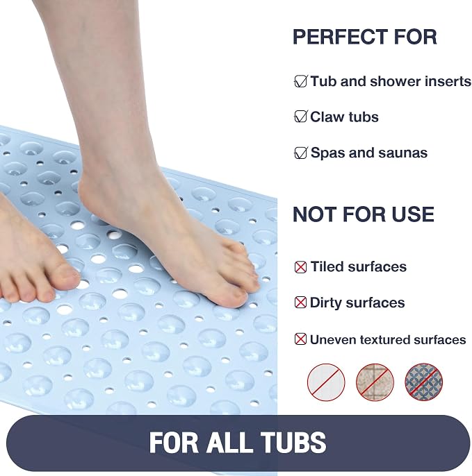 Extra Long Bathtub Mat Non Slip, Light Blue Soft Bath Mat for Tub 40 x 16 Inch Full Size, Bath Tub Shower Mats for Bathroom Floor, Big Suction Cups and Drain Holes, Easy Washable, BPA Free
