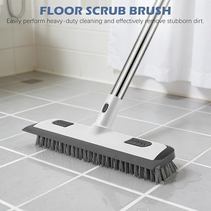 SetSail 4-in-1 Tile Tub Floor Scrubber with 52-inch Adjustable Long Handle Shower Cleaner Brush Comes with Floor Scrub Brush and 3 Replacement Brush Heads for Cleaning Bathroom Tub Tile, White Grey