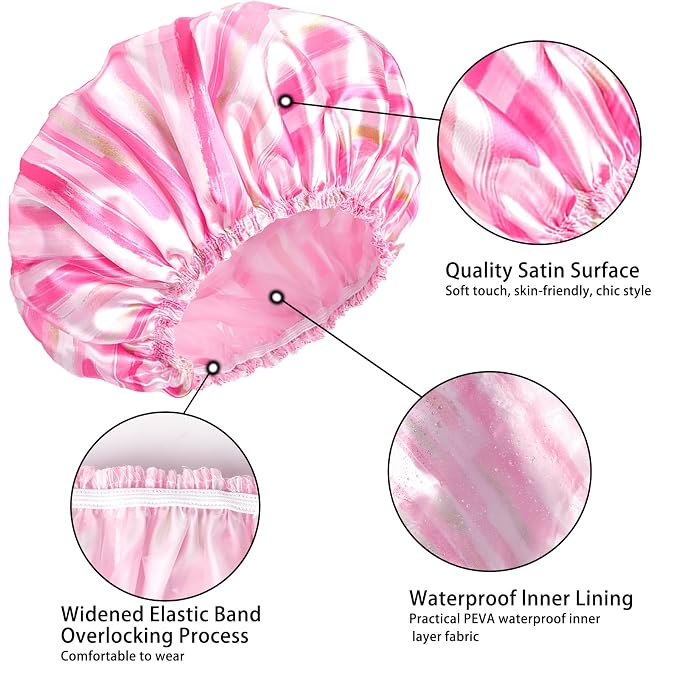 4 PCS Shower Cap for Women, Elastic and Reusable Bath Caps, Double Layers Shower Caps Reusable Waterproof, Bathing Shower Caps, Environmental Bath Hair Protection Cap - Stripes