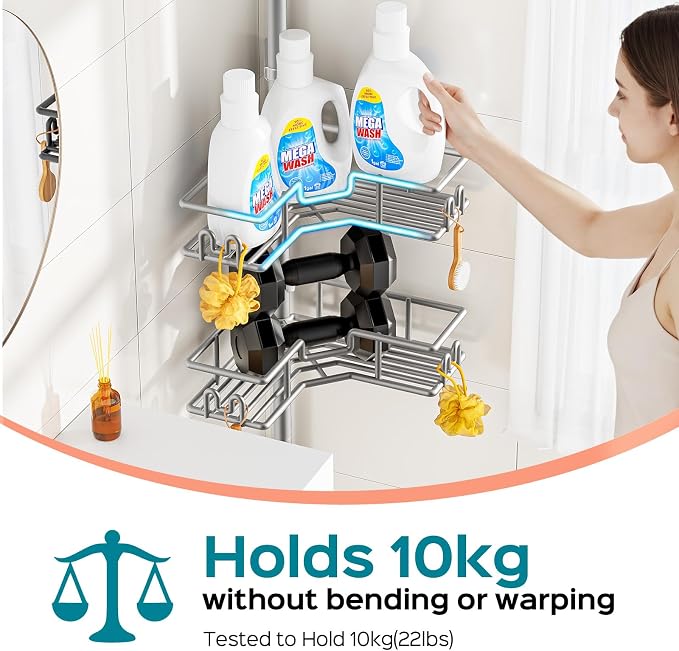 HAMITOR L-Shaped Corner Shower Shelves: 4-Tier Tension Pole Bathroom Caddy - No Drilling Rustproof Metal Bathtub Organizer - Standing Adjustable Apartment Essentials Rack for Renters 47-123 Inch