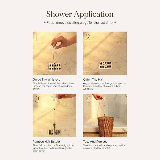 DrainWig Shower Drain Hair Catcher – Disposable Bathroom Hair Trap, Easy to Install in Shower Drain Cover, Helps Prevent Clogs – As Seen on Shark Tank – White Flower (12-Pack)
