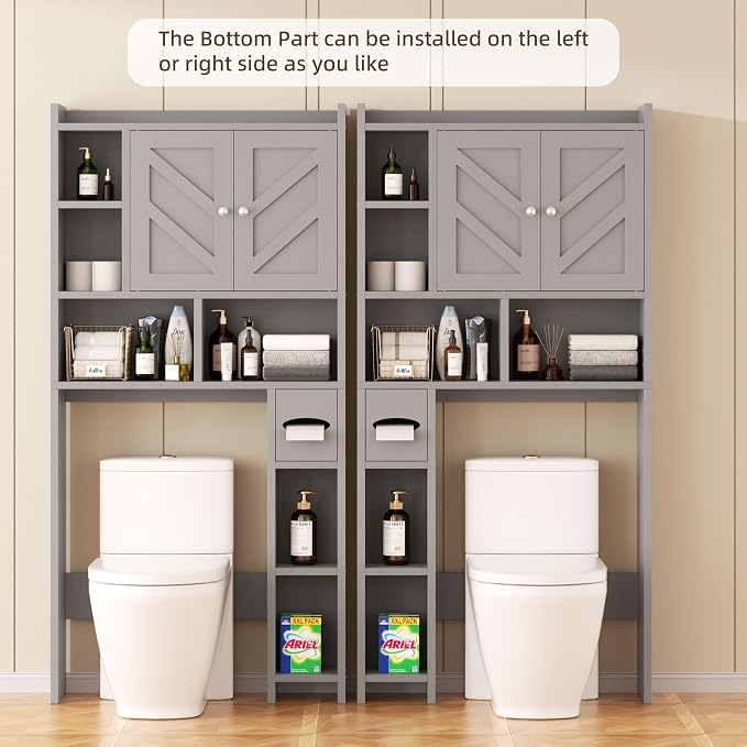 Shintenchi Over the Toilet Storage Cabinet, Bathroom Storage Cabient with Barn Doors, Bathroom Storage Shelf Organizer with Toilet Paper Holder, Adjustable Shelf and Anti-Tip Device, Gray