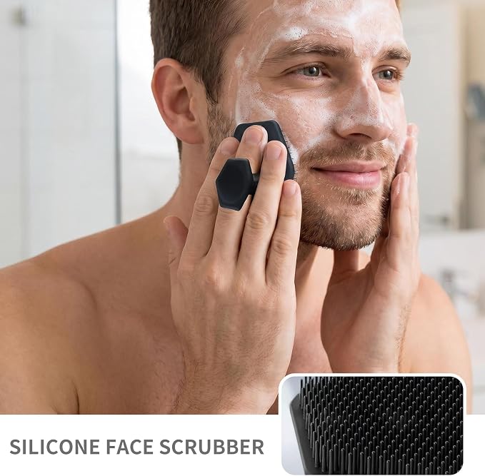 Silicone Back Scrubber(3-Stage Length 14.6"-21.3"-27.6")& Silicone Body Scrubber(Dual-Side) & Hair Scalp Massager & Face Brush Set (4PCS), with 2 Free Hooks (Extendable Back Brush Set)
