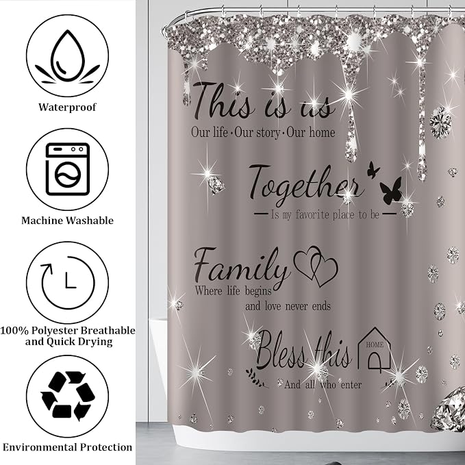 4Pcs Family Shower Curtain Sets with Non-Slip Rugs, Toilet Lid Cover and Bath Mat,Grey Glitter Diamond Home Bathroom Decor Set Accessories Waterproof Shower Curtains with 12 Hooks, 72 x 72 Inch