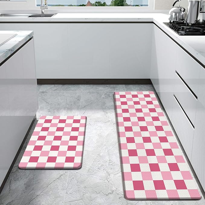 Bulijojo Pink Plaid Anti Fatigue Kitchen Floor Mats Set of 2 Waterproof Kitchen Sink Runner Rug Standing Mat Cushioned Kitchen Rugs Comfort Doormat 17"x47"+17" x30“