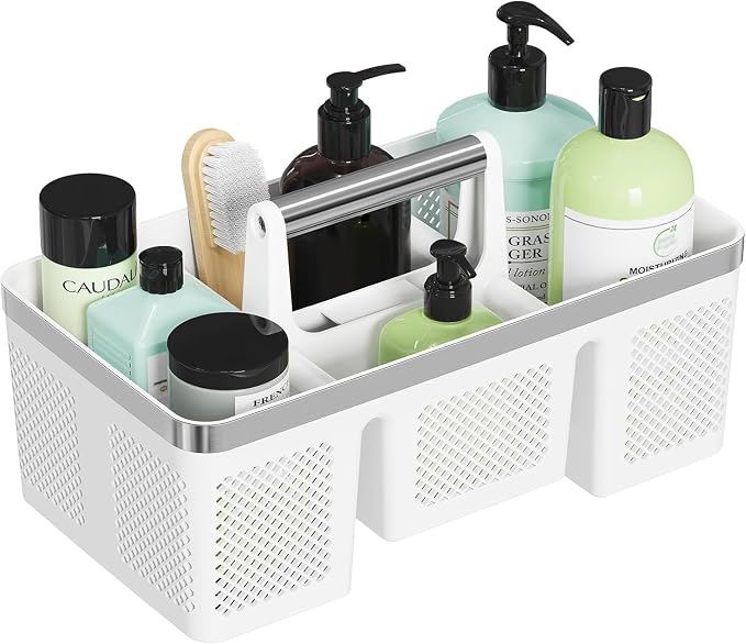 BYUNER Plastic Shower Caddy Dorm: Portable Shower Basket Tote with Handle, 4 Compartments, All-Side Drainage, Hard Bathroom & Cleaning Caddy Organizer for college Dorm Room Essentials, White/Silver