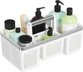 BYUNER Plastic Shower Caddy Dorm: Portable Shower Basket Tote with Handle, 4 Compartments, All-Side Drainage, Hard Bathroom & Cleaning Caddy Organizer for college Dorm Room Essentials, White/Silver