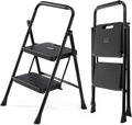 OLIXIS 2 Step Ladder, 800lbs Capacity Foldable Step Stool with Anti-Slip Pedal, Sturdy Steel Ladder & Comfortable Handrail, Protable Heavy Duty Step Stool for Kitchen, Garage, Outdoor Use - Black