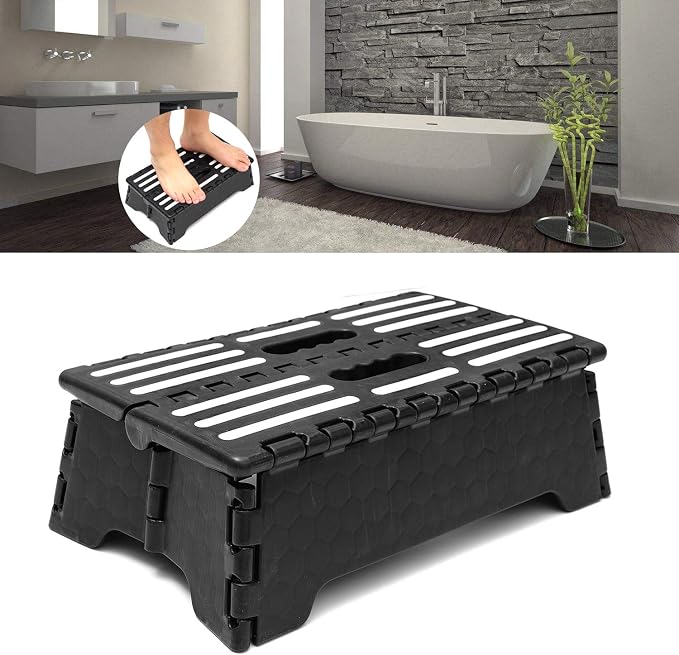 Portable Folding Step Stool 5 Inch, Lightweight Plastic Short Stool Sturdy and Safe, Half Step Height Boost for Seniors and Kids, One Flip Low Step Riser with Handle