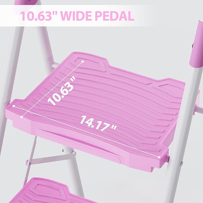 KINGRACK 3 Step Ladder, Sturdy Step Stool with Handrail, Anti-Slip Wide Pedals, 900lbs Foldable Step Stool for Home, Garage, Garden, Household, Large Loading Capacity, Pink