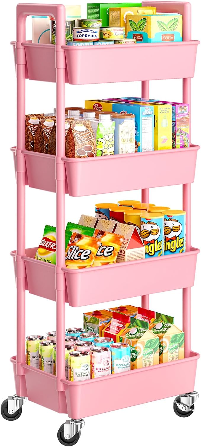 Pipishell 4 Tier Rolling Cart Organizer, Plastic Rolling Cart with Lockable Wheels & Reinforced Handle, Lightweight Utility Storage Cart for Nursery, Kitchen, Craft Room, Pink