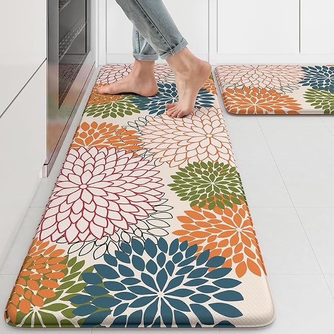 Kitchen Rugs and Mats Cushioned Anti Fatigue Kitchen Mat 2PCS Non-Skid Waterproof Kitchen Runner Rug Comfort Foam Standing Mat for Floors,Office,Laundry,Sink,Floral