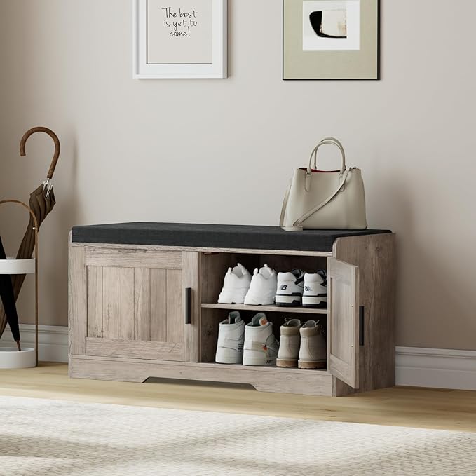 Homleke 2-Tier Storage Bench, Shoe Bench with Thickened Padded Seat Cushion, Entryway Bench with 2 Doors, Adjustable Shelf, 13.8" D x 37.4" W x 18.5" H, for Entryway, Living Room, Bedroom, Greige