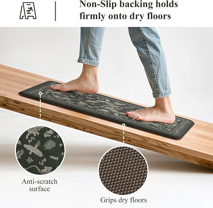 LEEVAN Anti Fatigue Mats for Kitchen Floor Non-Slip, Cushioned Kitchen Mats for Floor 2 Piece, Dark Green Memory Foam Kitchen Mat Set, Waterproof Ergonomic Standing Mat for Bar, Office,Desk, Laundry