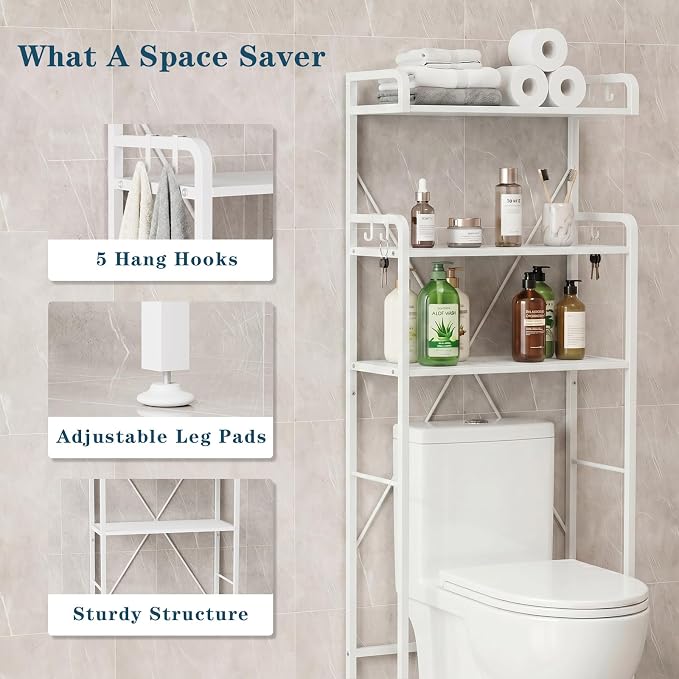 Over The Toilet Storage Cabinet, 3-Tier Bathroom Organizers and Storage with Hooks, Freestanding Shelf Toilet Rack, Small Bathroom Laundry Space Saver with Towel Rack & Toilet Paper Holder(White)