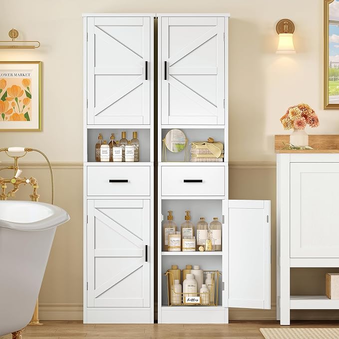TEENFON 67" H Bathroom Storage Cabinet with Barn Doors & Adjustable Shelves, Bathroom Cabinet with Drawer, Narrow Bathroom Storage Unit, Floor Cabinets for Living Room, Kitchen, White