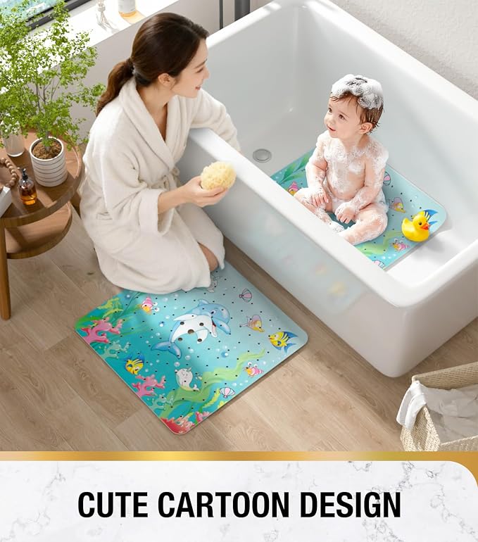HITSLAM Square Shower Stall Mat Anti Slip, Quick Dry 21x21 Inch Bathtub Floor Mat for Kids with Suction Cups and Drainage Holes, Machine Wash, Soft on Feet, Dolphin