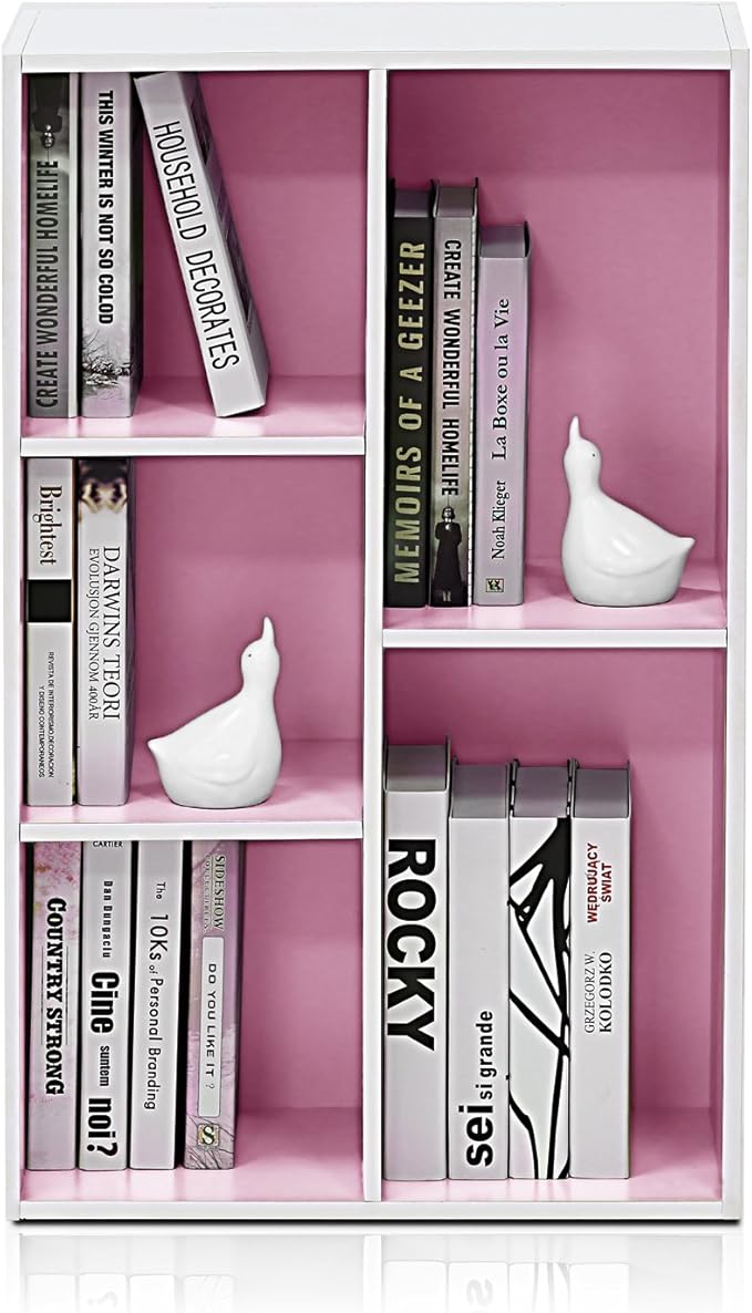 Furinno LUDER Book Shelf, 5-Cube Bookshelf, Reversible Bookcase, 9.4 x 19.5 x 31.5, Easy Assembly, for Living Room, Bedroom, Home Office, White/Pink