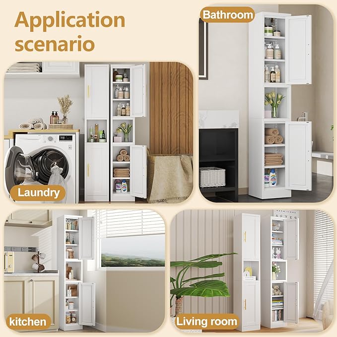 Metal Tall Narrow Storage Cabinet,67" H Freestanding Floor Cabinet with 2 Doors and 4 Adjustable Shelves,Pantry Storage Cabinet for Bathroom,Living Room,Entryway and Kitchen (White)