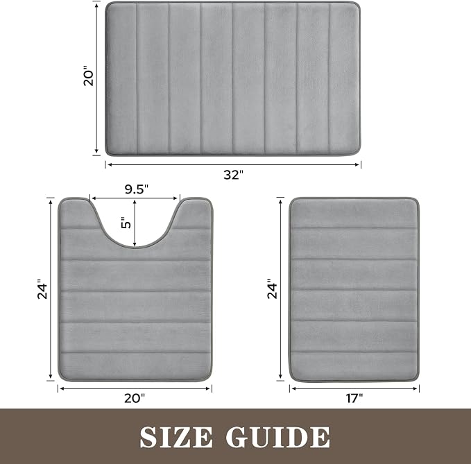 BYSURE Grey Memory Foam Bathroom Rug Set 3 Piece, Non Slip Extra Soft Absorbent Bath Mats, Machine Washable & Dry Toilet Mat Sets for Bathroom Floor