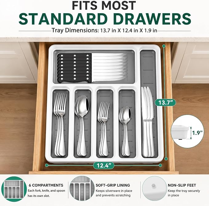 49-Piece Silverware Set with Organizer, Stainless Steel Flatware Utensils Set for 8, Forks and Spoons Silverware Set Cutlery Set with Steak Knives, Dishwasher Safe