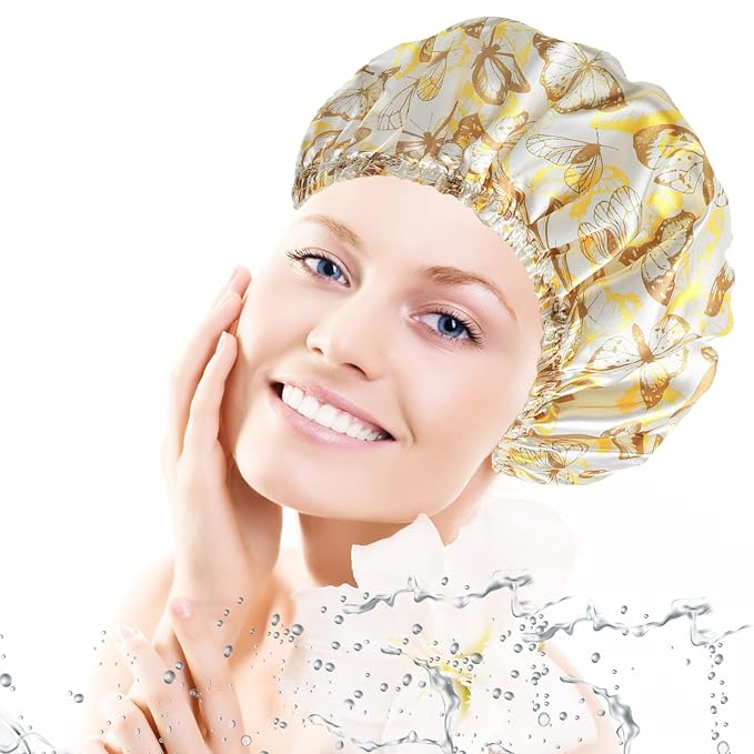 Shower Cap for Women,4 PCS Elastic and Reusable Bath Caps, Double Layers Shower Caps Reusable Waterproof, Bathing Shower Caps, Environmental Bath Hair Protection Cap - Butterfly D