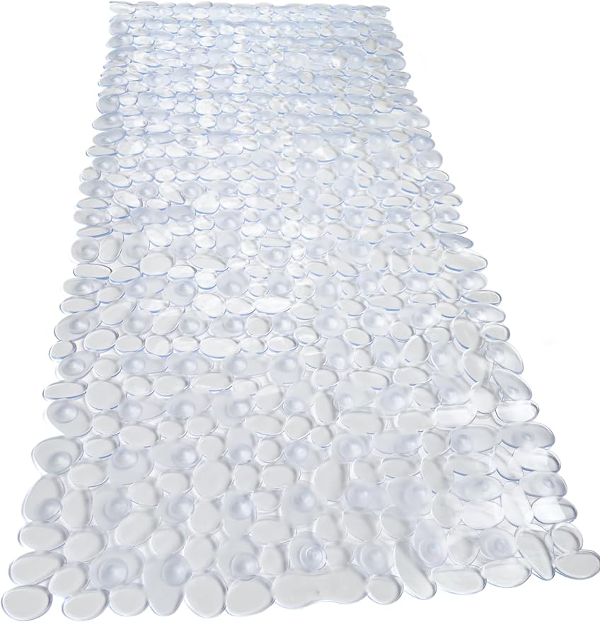 “Pebbles” Non-Slip Bathtub/Shower Mat 35"x16" Rectangular, Non-Toxic, Safe, Clean, Machine-Washable, Superior Grip & Drainage, Vinyl, for Smooth Floors ONLY, Transparent Clear