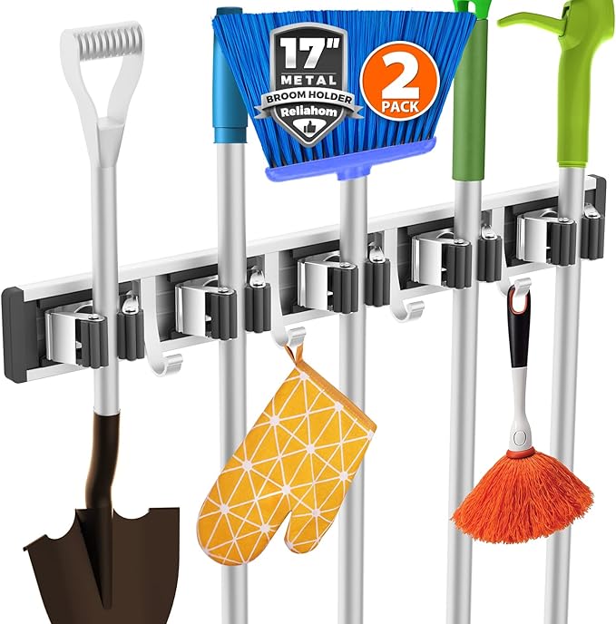 reliahom Broom Holder Wall Mount, 2 Pack 5 Racks with 4 Hooks Black - Mop Storage Tool Racks, Broom Hanger Tool Organizer for Garage, Kitchen, Garden, Laundry Room