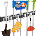 reliahom Broom Holder Wall Mount, 2 Pack 5 Racks with 4 Hooks Black - Mop Storage Tool Racks, Broom Hanger Tool Organizer for Garage, Kitchen, Garden, Laundry Room
