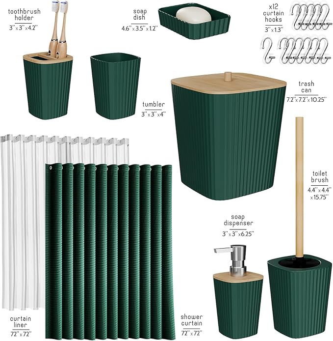 Clara Clark Bathroom Accessories Set - Bathroom Set, Bathroom Accessory Set, Shower Curtain Set, Toilet Brush, Trash Can & Soap Dispenser - Green - 20PC