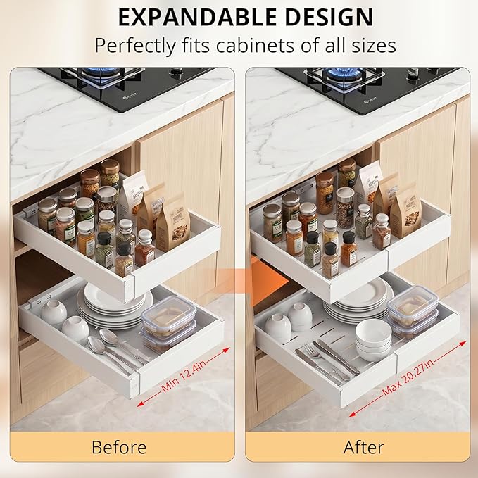 DOMNIU 2 Pack Pull Out Cabinet Organizers Expandable Width (12.4''-20.27''), Upgrade 3 Slide Rails Sliding Drawer for Kitchen Cabinet Organizer with Adhesive Nano Film, White