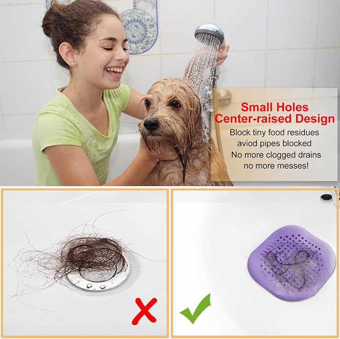 Hair Drain Catcher,Square Drain Cover for Shower Silicone Hair Stopper with Suction Cup,Easy to Install Suit for Bathroom,Bathtub,Kitchen 2 Pack (Purple Green)