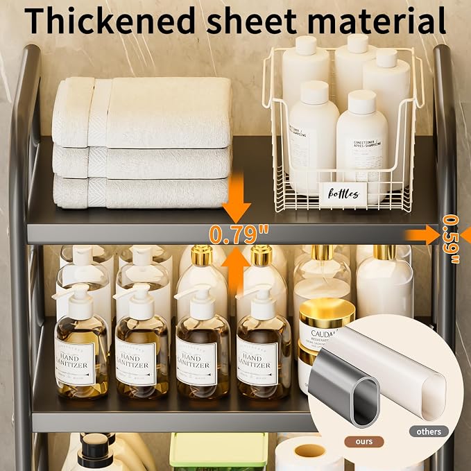 PureBox Over The Toilet Storage, Enhanced Oval Tube Heavy Duty Bathroom Shelf Organizer, Freestanding Metal Toilet Storage Cabinet with Suction Cups for Fastening, 3-Tires Over The Toilet Rack (Grey)