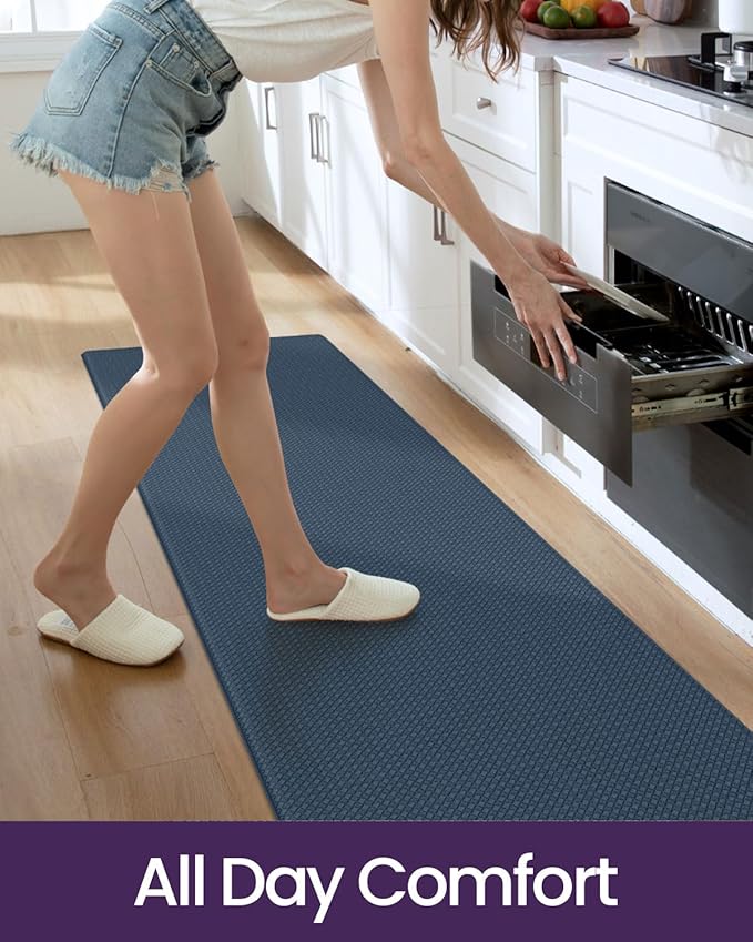DEXI Kitchen Floor Mats Cushioned Anti Fatigue,17x29+17x59, Standing Runner Rug Waterproof, Comfort Memory Foam Padded for Front Sink Laundry Set of 2, Navy