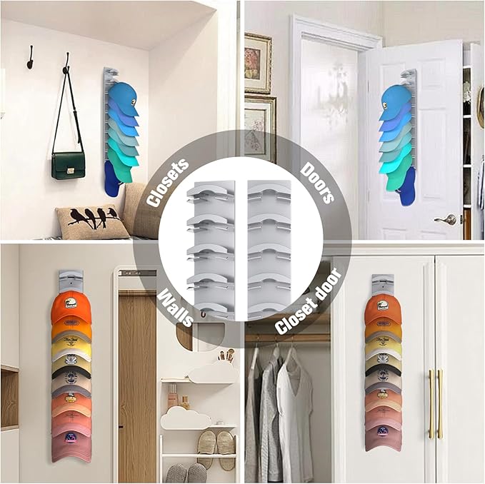 Hat Organizer for Baseball Caps, Hat Rack for Wall with Strong Adhesive Hold up to 10 Hats, Hat Hanger Holder Display for Door Closet, Cap Organizer Storage Multilayer Two Mounting Option(Grey)