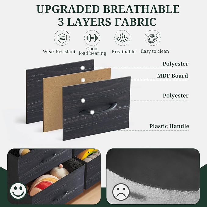 8-Drawer Dresser for Bedroom, Anti-Tip Tall Storage Organizer Chest of Drawers with Wooden Top and Metal Frame Fabric Bins for Closet, Living Room, Hallway, Entryway, Charcoal Black