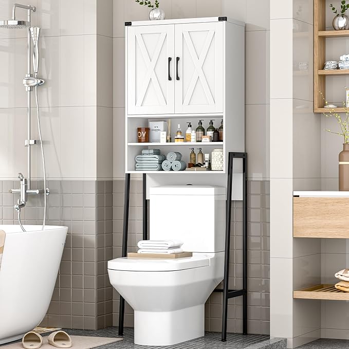 Vabches Over The Toilet Storage Cabinet, Farmhouse Over Toilet Storage Cabinet, Metal Frame with 2 Barn Doors, Home Space-Saving Toilet Rack for Bathroom, Toilet, Laundry Room.