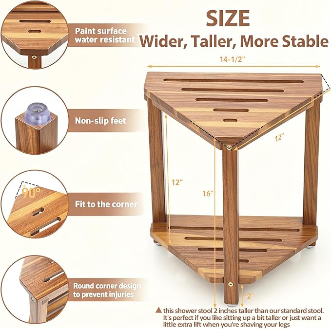 IBosins 16in Shower Foot Rest Corner Shower Stool for Shaving Legs with Storage Shelf Small Bench for Inside Shower to Sit on Bath Seat - Acacia Wood