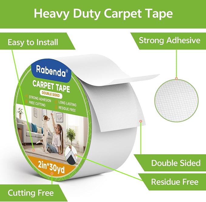 Rabenda Double Sided Carpet Tape - 2 Inch x 30 Yards Removable Rug Tape for Hardwood Floors, Tile & Laminate - No Residue Strong Hold Anti Slip Gripper for Area Rugs, Mats & Carpets
