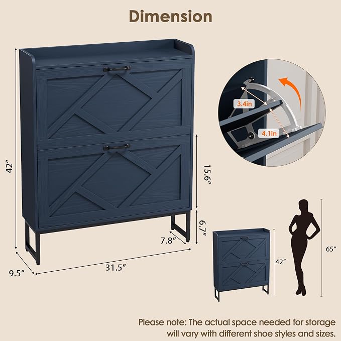 Nicetree Shoe Storage Cabinet, Shoe Cabinet with 2 Flip Drawers, Narrow Shoe Rack Cabinet, Farmhouse Slim Shoe Cabinet Storage for Entryway,Blue