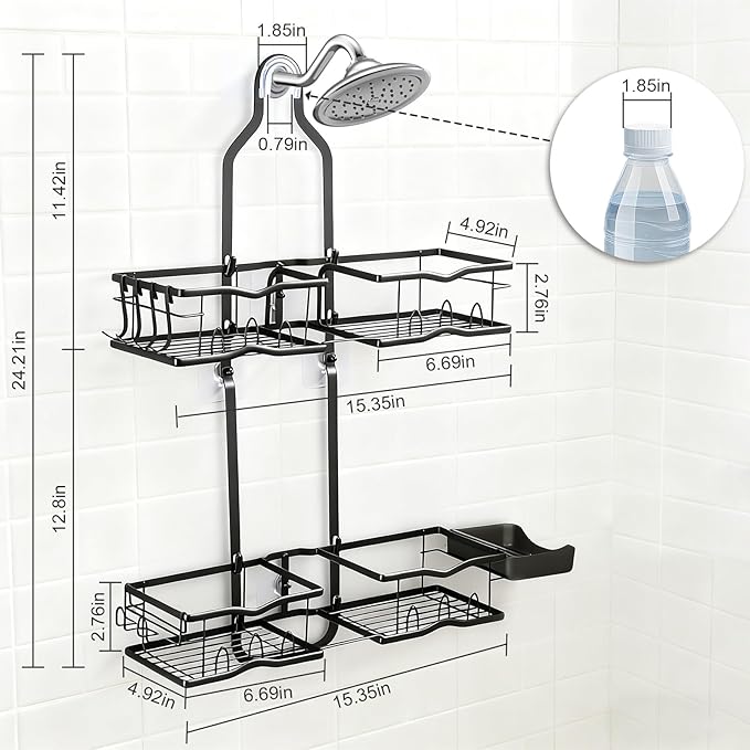 Shower Caddy Hanging Organizer, Rustproof Over Shower Head Caddy Holder with Hooks for Razor/Sponge, No Drilling Bathroom Racks Bath Storage Shelves for Shampoo Soap Towels, Black