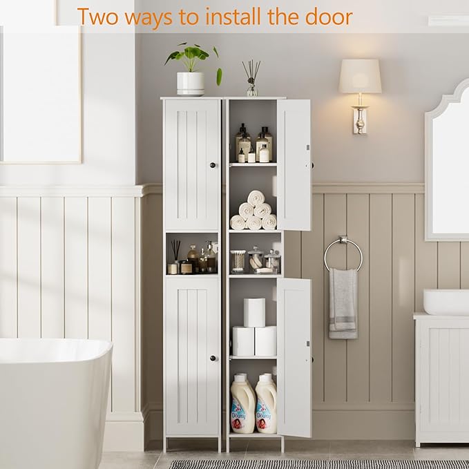 Homleke Tall Bathroom Storage Cabinet with 2 Doors, 67"H Narrow Storage Cabinet with Adjustable Shelves& Anti-Tip Design, Reversible Door Installation, Easy Assembly, 11.8 x 11.8 x 66.9 Inches, White