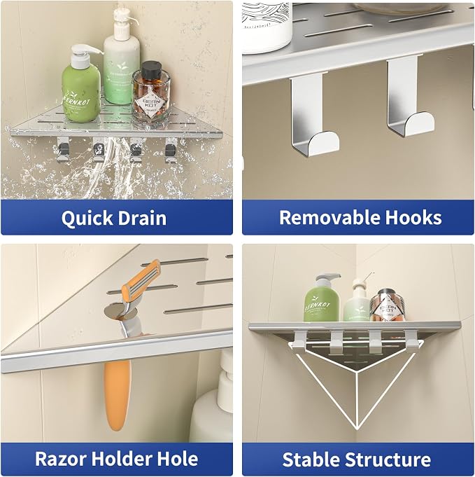Corner Shower Shelf w/Hooks, Grout in Bathroom Shelves for Tiled Wall, 304 Stainless Steel Recessed Shower Shelf (Polished, 10''-2pcs)