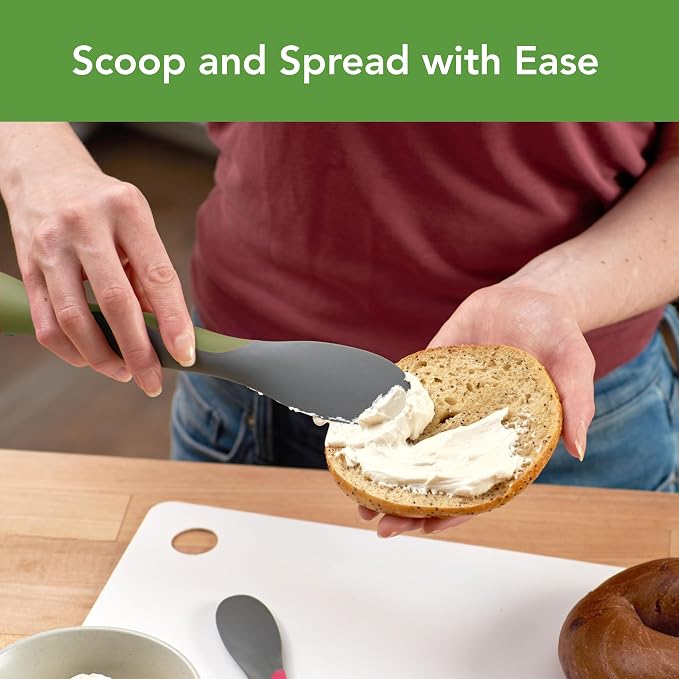 Tovolo Mini Scoop and Spread Tool for Kitchen Meal Prep Small Sandwich Spreader Spatula for Peanut Butter Jelly, Silicone BPA Free Dishwasher Safe Scooper Spreader, Thyme Green and Charcoal Gray